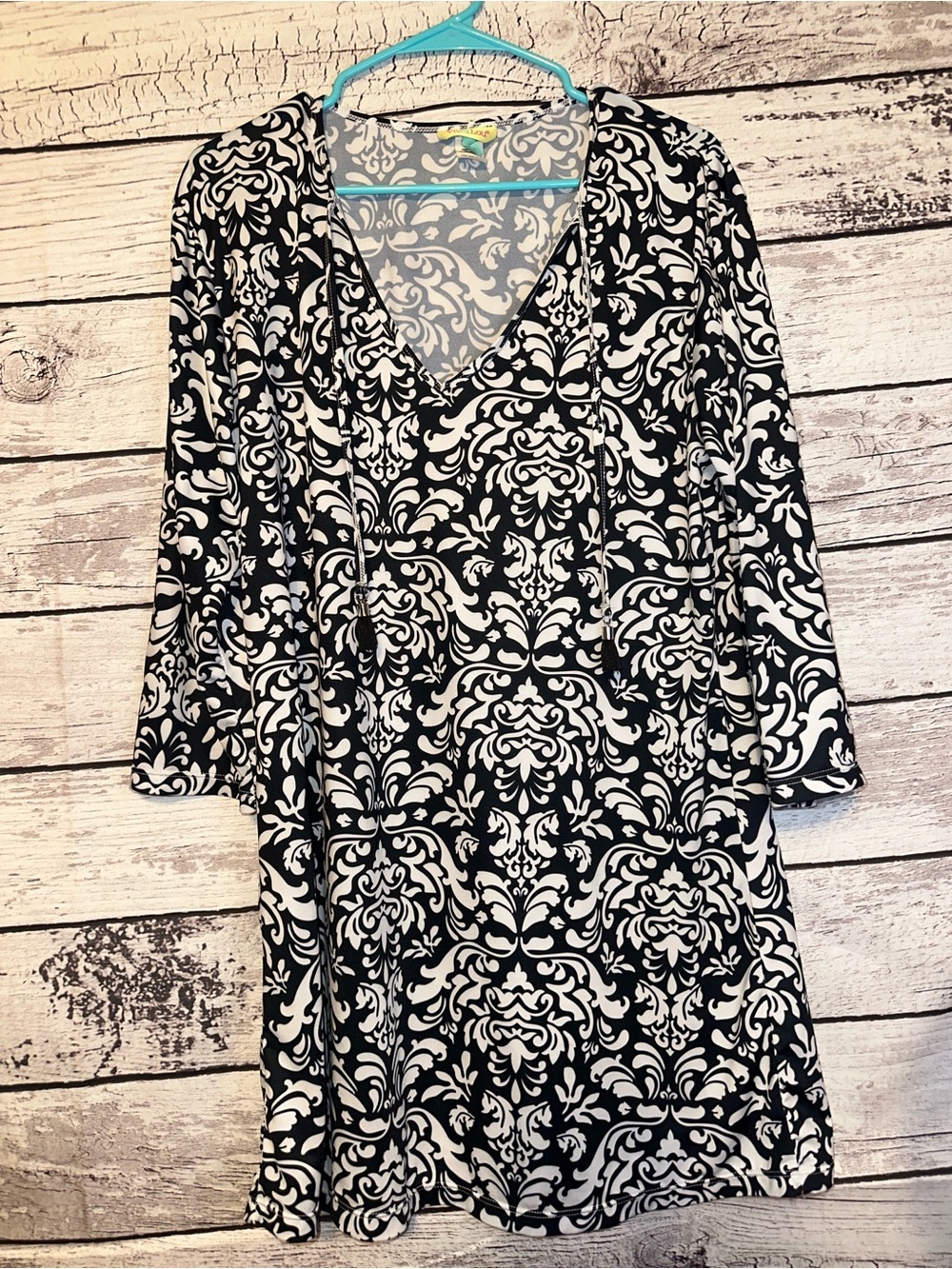 Viv & Lou Black White Damask Tassel Tunic Dress S/M
